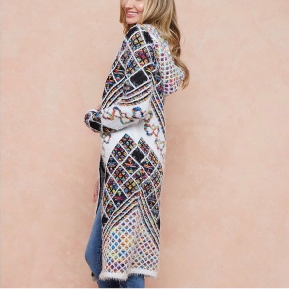 Anthropologie On Blue Hooded Duster Cardigan Colorful Diamond Pattern Knit - Picture 3 of 9